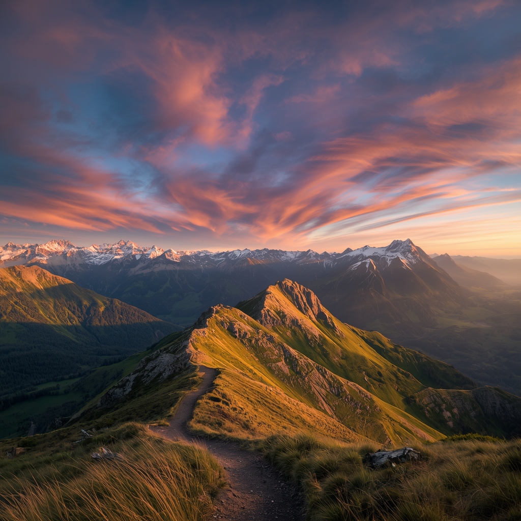 A breathtaking panoramic view of a mountain trail at sunrise, golden light illuminating snow-capped peaks, lush green valleys below, dramatic clouds in vibrant orange and purple sky, professional landscape photography, ultra high resolution, cinematic composition, no people